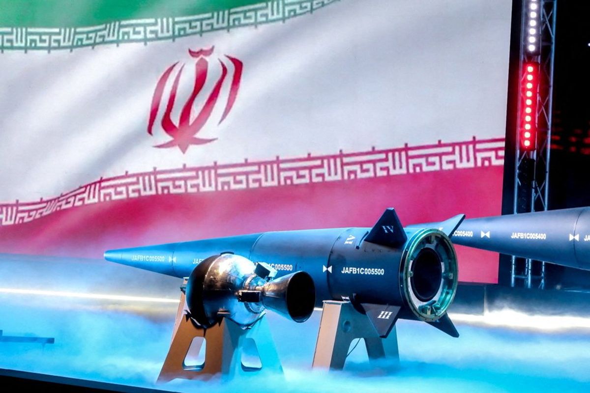 A new hypersonic ballistic missile called "Fattah" with a range of 1400 km, unveiled by Iran, is seen in Tehran.