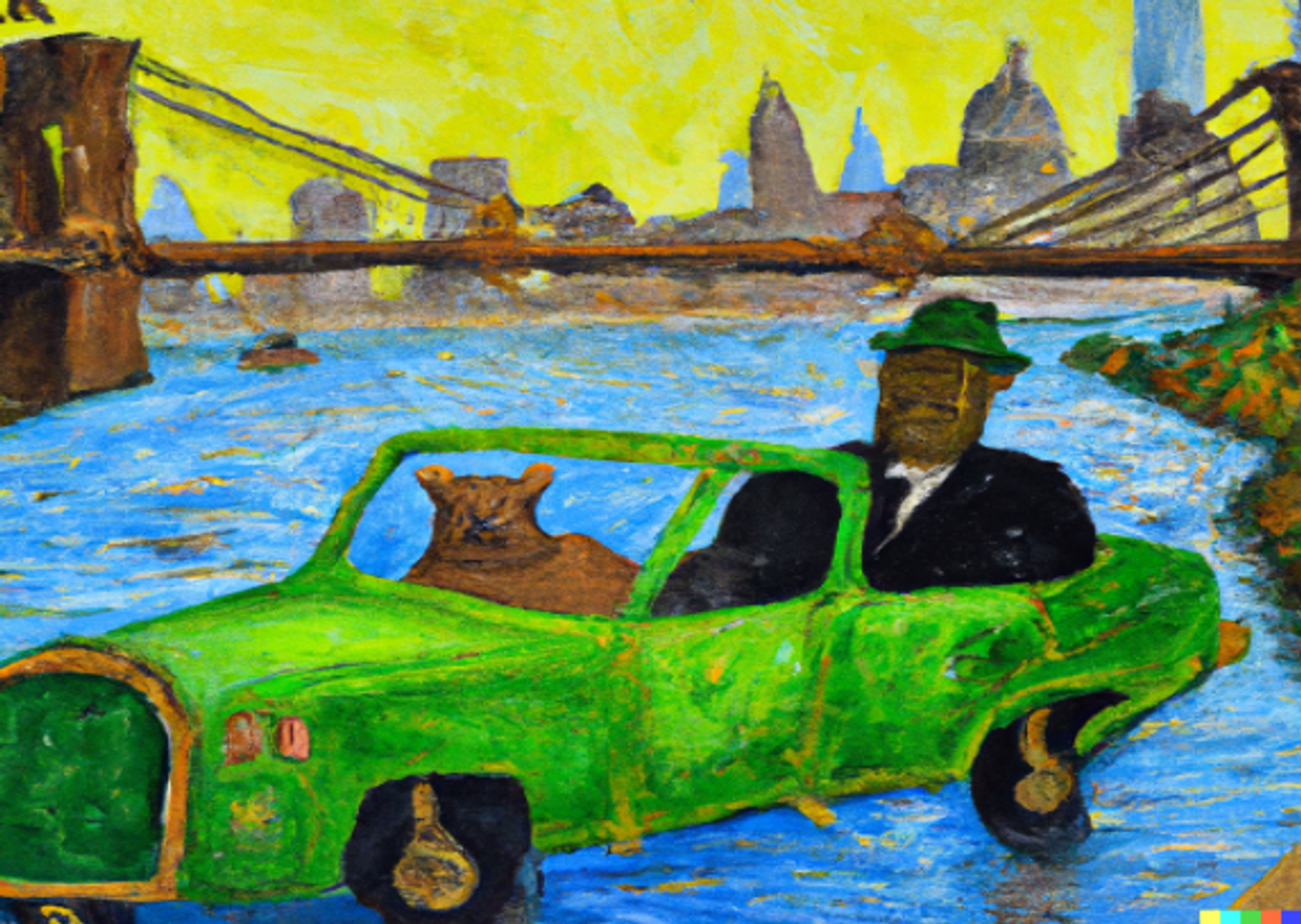 A painting of Biggie Smalls being chauffeured across the Brooklyn Bridge in a lime green limousine driven by a capybara, in the style of Van Gogh?