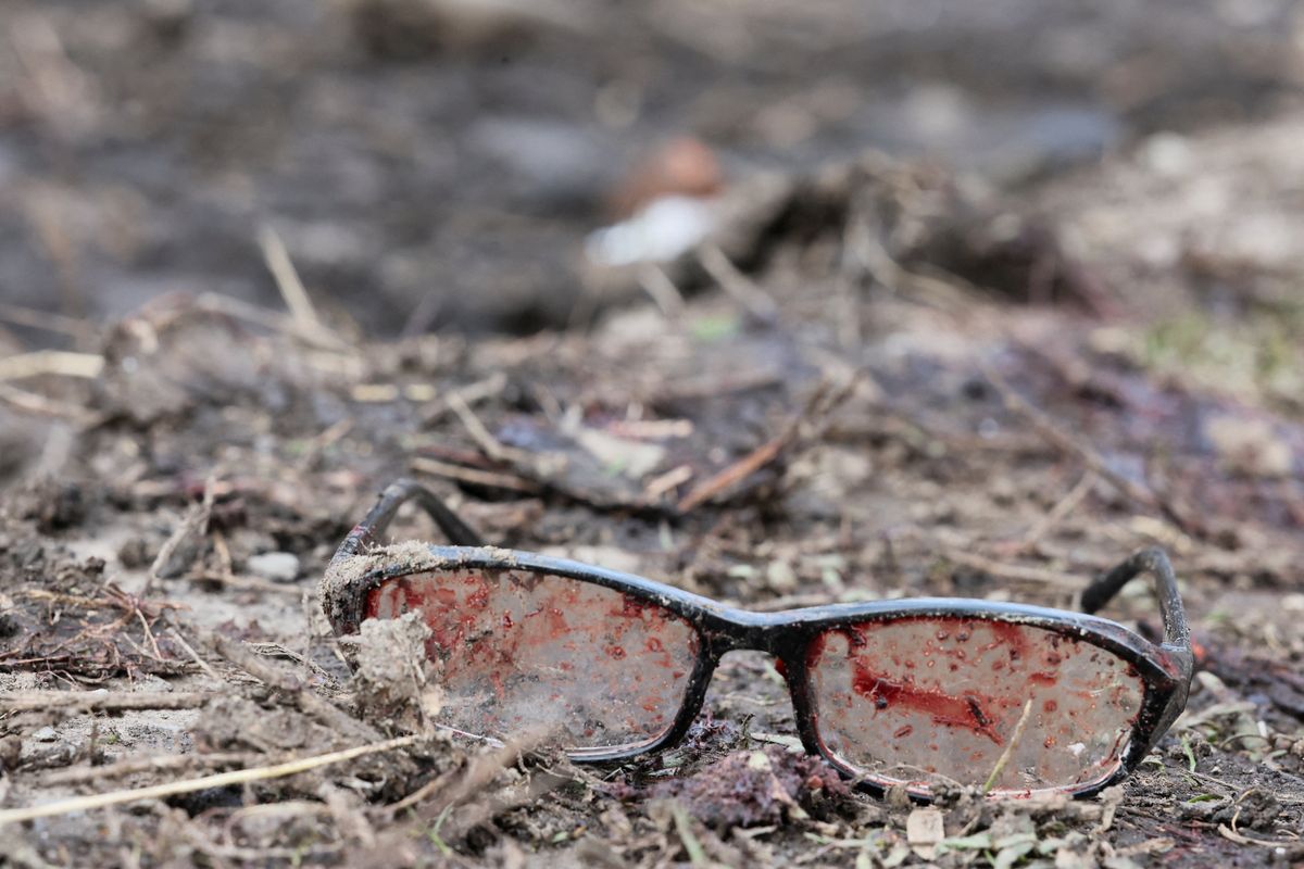 A pair of glasses with blood on them in the aftermath of deadly shelling in Kostiantynivka, Ukraine.