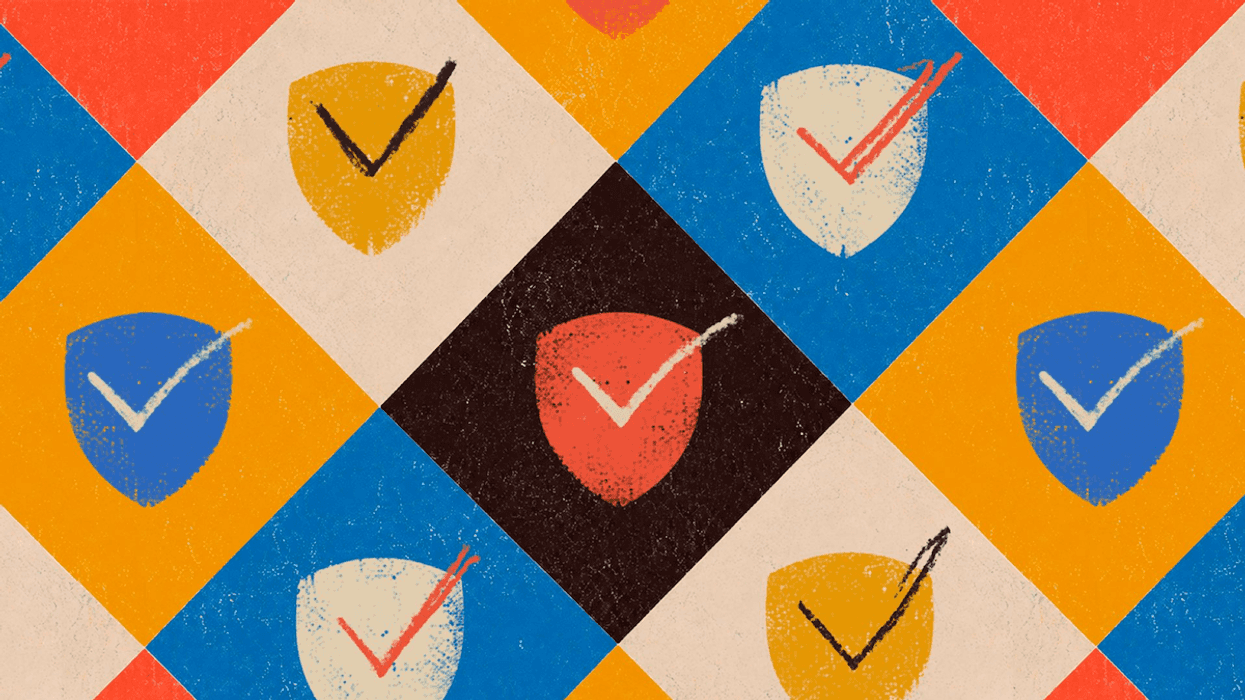 A pattern of colorful security shields with each having a check mark in the center