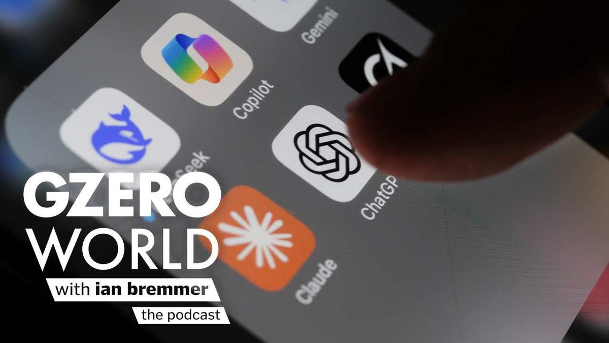 A photo of a phone with different AI applications on the screen with the GZERO World Podcast logo superimposed on top.