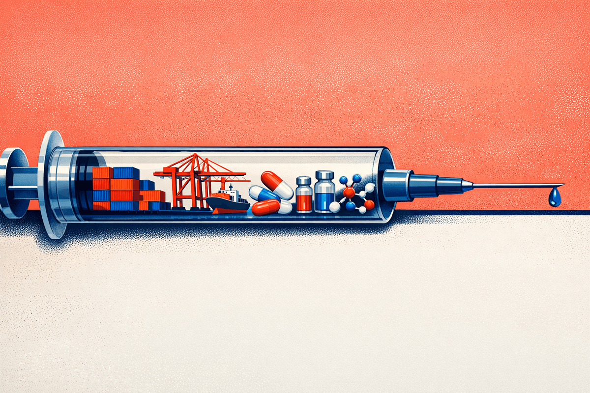 ​A photo of a syringe filled with images from the drug supply chain.