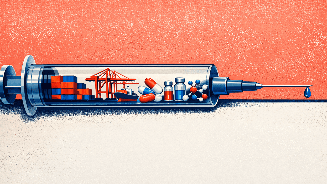 A photo of a syringe filled with images from the drug supply chain.
