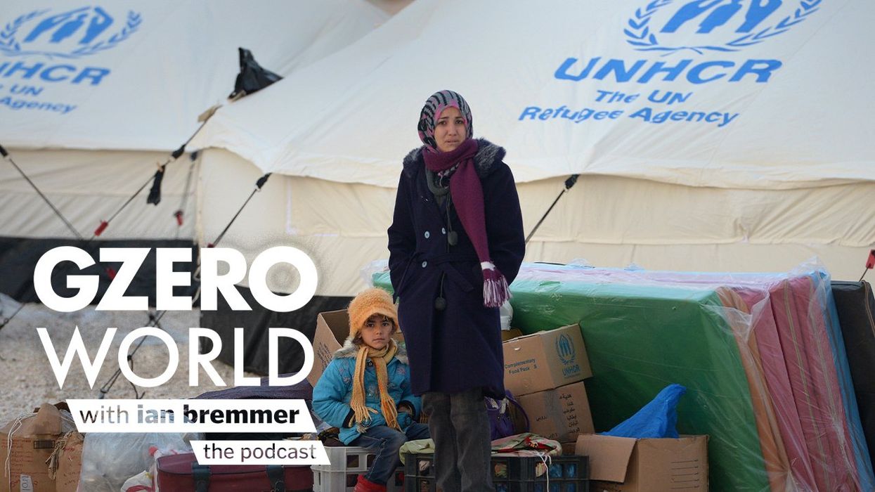 A photo of a woman at a refugee camp with the GZERO World Podcast logo superimposed on top.