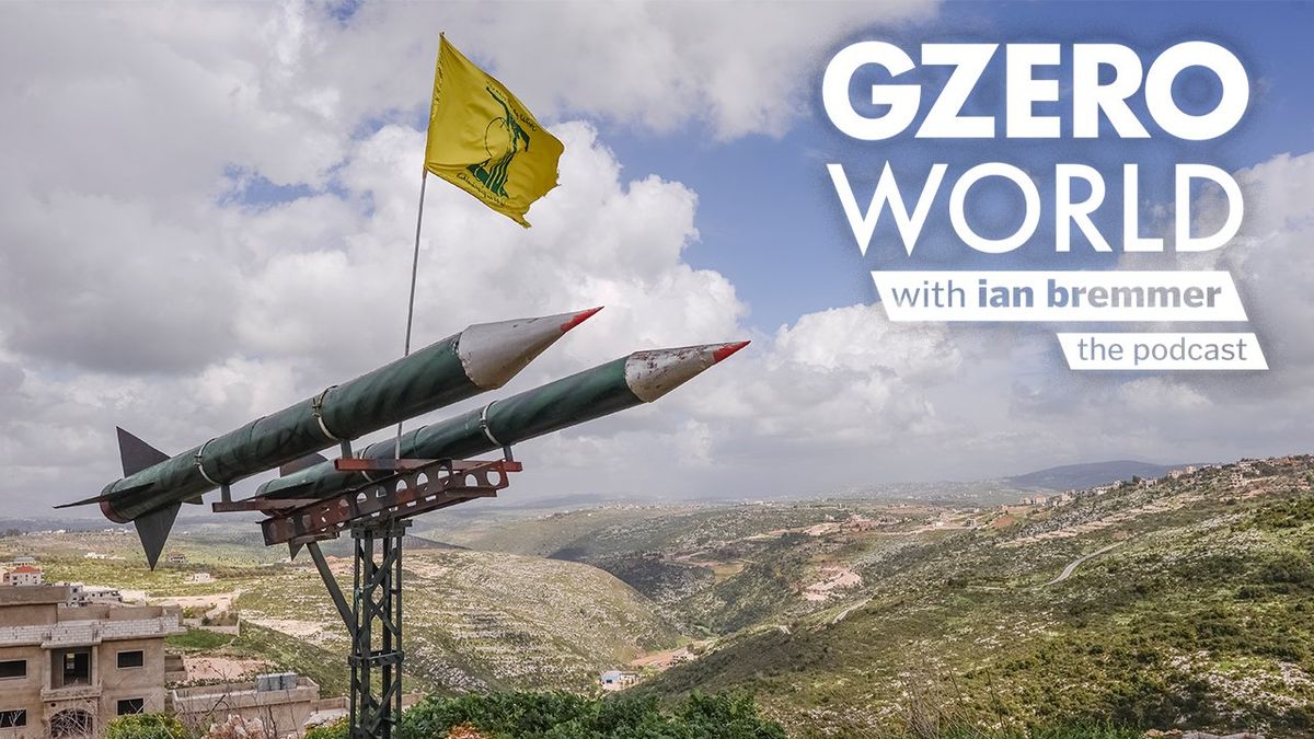 A photo of Hezbollah flag, placed between two rockets with the logo of GZERO World with ian bremmer: the podcast
