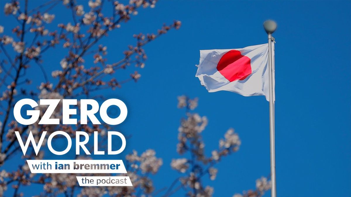 A photograph of the flag of Japan, some branches and the blue sky | GZERO World with Ian Bremmer the podcast