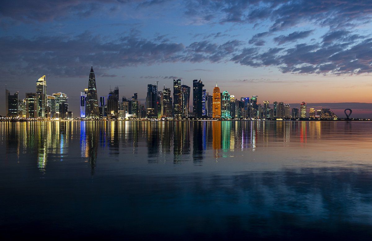 A picture taken on 20 April 2023 shows a general view of the West Bay skyline in Doha corniche at sunrise in Doha,Qatar on 20 April 2023