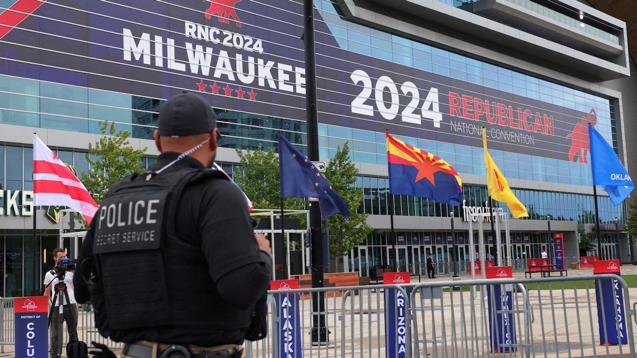A police officer stands guard as preparations for the Republican National Convention are underway in Milwaukee, Wisconsin, U.S., July 14, 2024.
