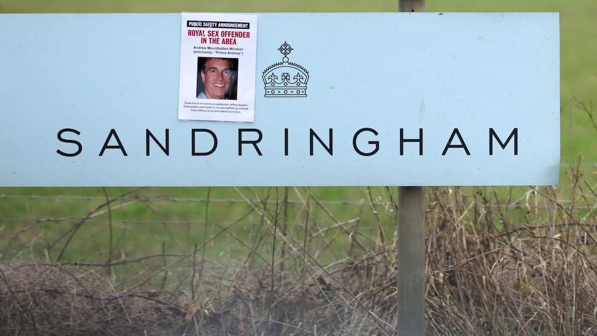 A poster featuring Andrew Mountbatten-Windsor, formerly known as Prince Andrew, is installed on a sign leading to the parking area of the Sandringham Estate in Wolferton, as pressure builds on him to give evidence after the U.S. Justice Department released more records tied to the late financier and convicted sex offender Jeffrey Epstein, in Norfolk, Britain, February 5, 2026.