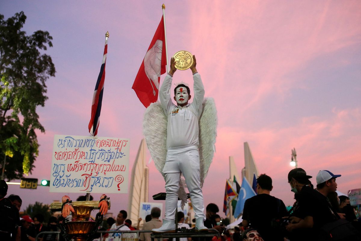 A protester attends a rally to call for the ouster of Prime Minister Prayuth Chan-ocha's government and reforms in the monarchy in Bangkok, Thailand, November 14, 2020.