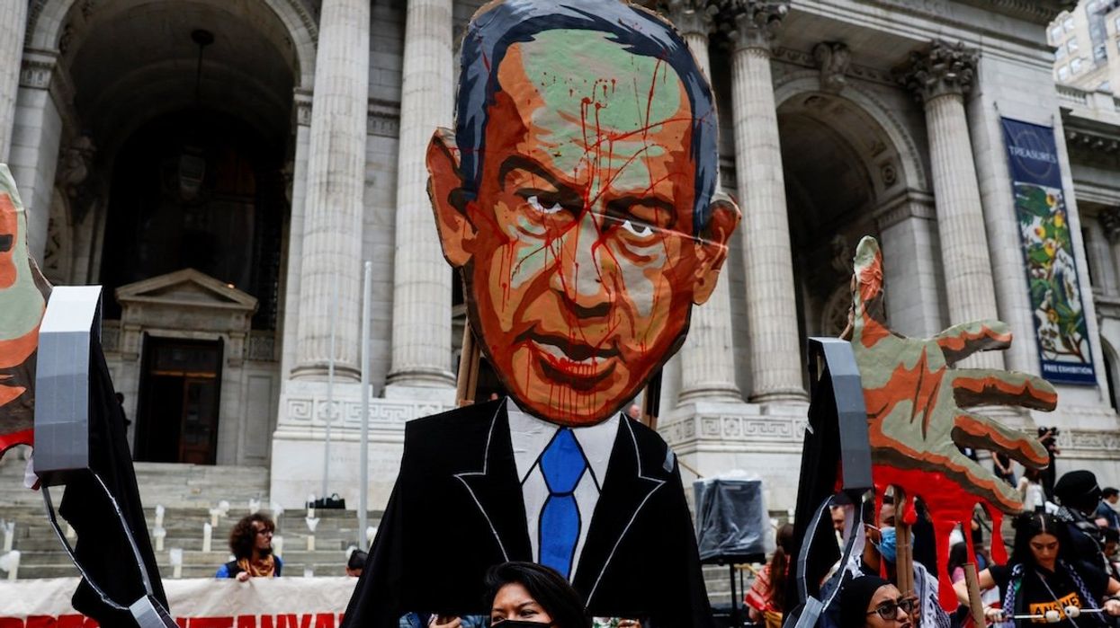 A representation of Israeli Prime Minister Benjamin Netanyahu as Pro-Palestinian protesters rally against Israel's strikes in Gaza and Lebanon during demonstrations in New York City, on Sept. 26, 2024.