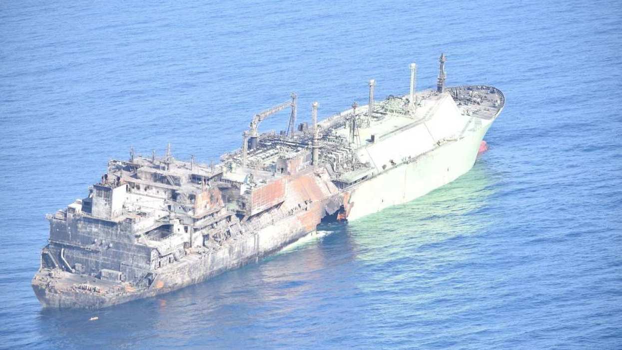 A Russian LNG tanker, Arctic Metagaz, damaged earlier this month and currently adrift without crew, floats in the Mediterranean Sea, in this handout picture released on March 13, 2026.