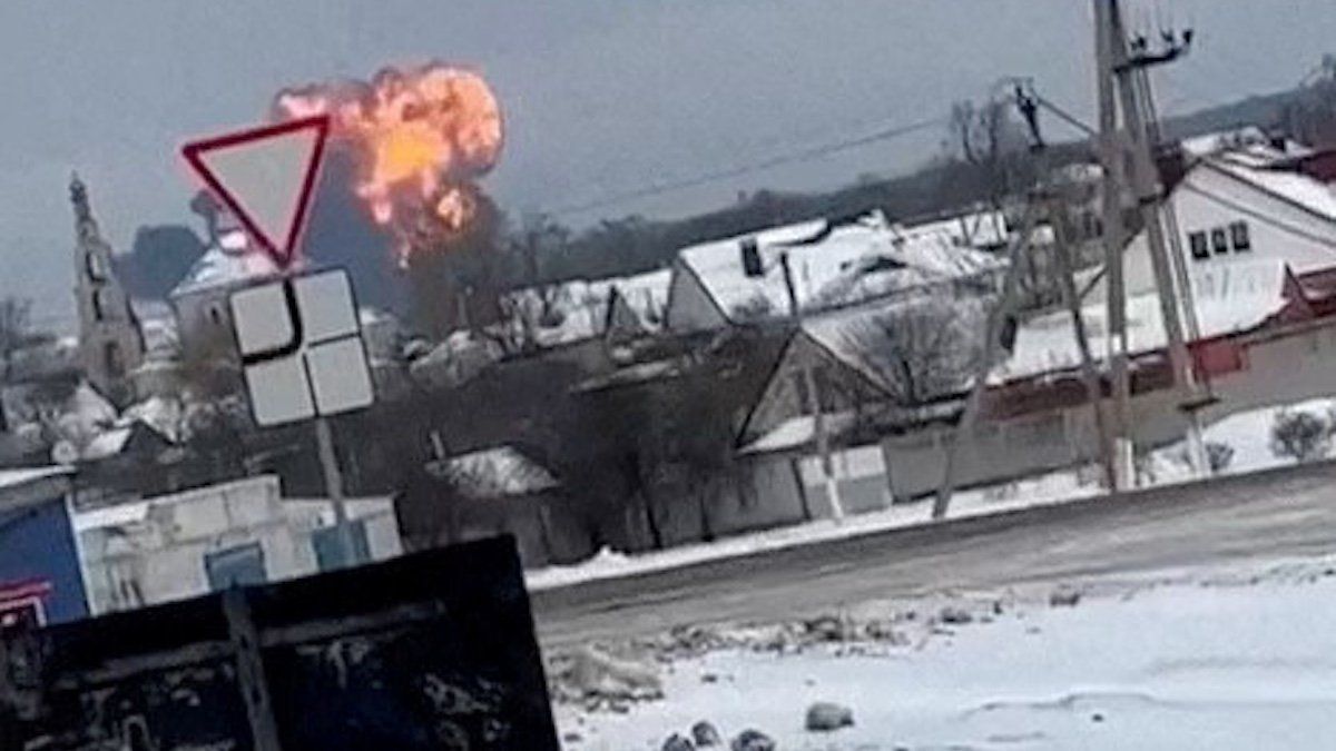 A Russian military transport plane crashes near Yablonovo, Belgorod Region, Russia, January 24, 2024, in this screen grab from a social media video obtained by REUTERS