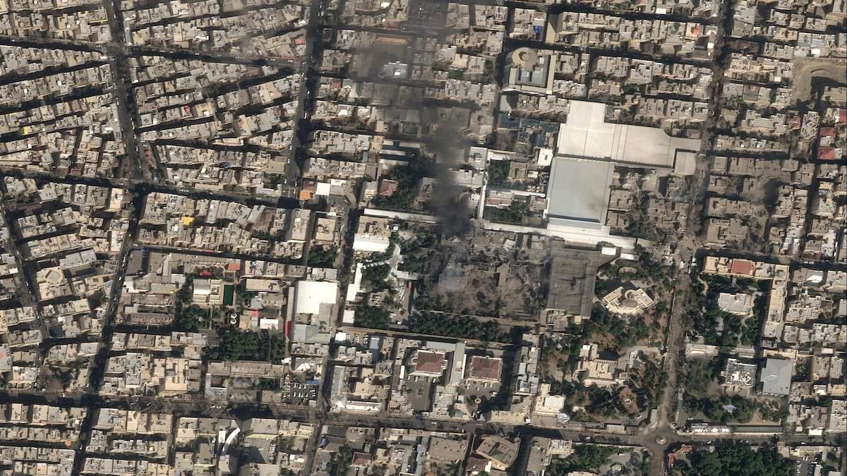 ​A satellite image shows black smoke rising and heavy damage at Iranian Supreme Leader Ayatollah Ali Khamenei's compound in Tehran, Iran, on February 28, 2026.