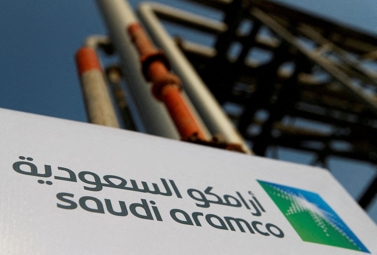 A Saudi Aramco sign is pictured at an oil facility in Abqaiq, Saudi Arabia.