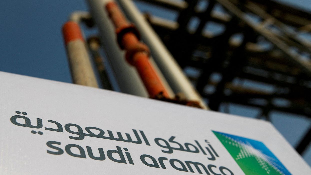 A Saudi Aramco sign is pictured at an oil facility in Abqaiq, Saudi Arabia.