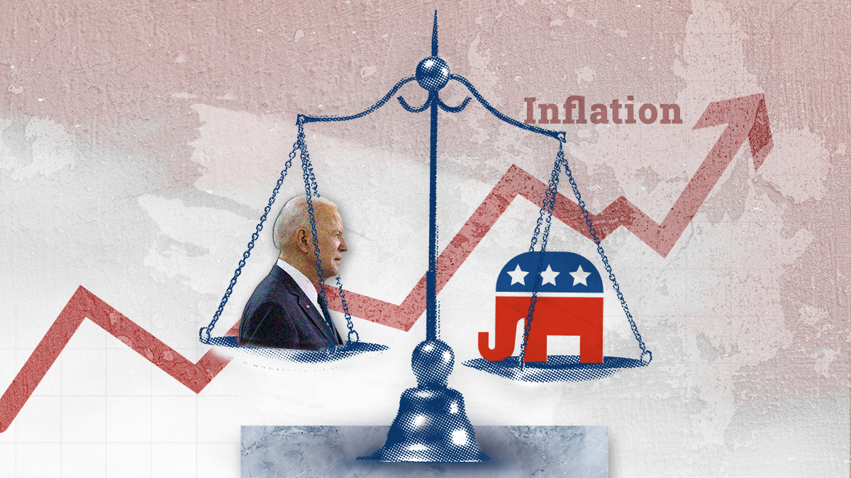 A scale showing the balance of power in the US congress tipping in favor of Republicans on a backdrop of a rising inflation chart.