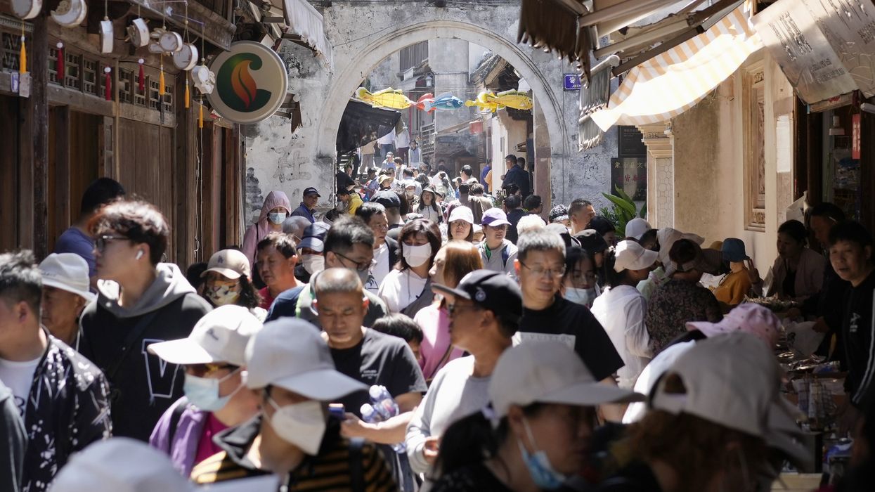 A sightseeing spot in China's Ningbo is crowded with tourists.