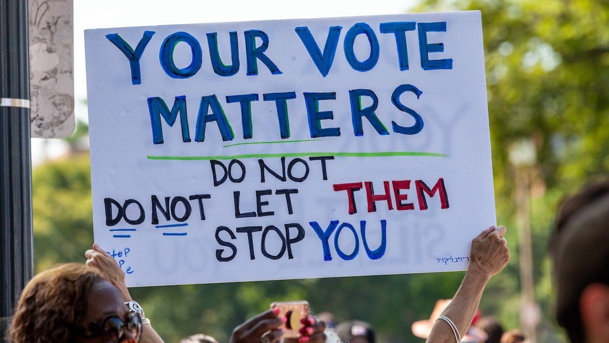 A sign at the flagship event of a nationwide march for voting rights on the 58th anniversary of the March on Washington in August, 2021.