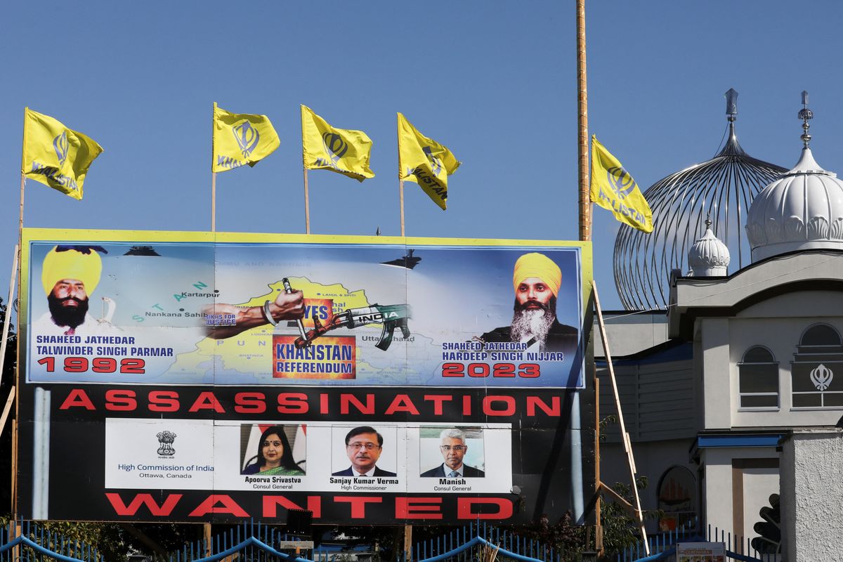 A sign outside the Guru Nanak Sikh Gurdwara temple is seen after the killing on its grounds in June 2023 of Sikh leader Hardeep Singh Nijjar, in Surrey, British Columbia, Canada.