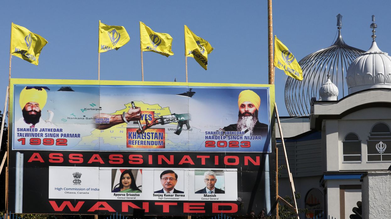 A sign outside the Guru Nanak Sikh Gurdwara temple is seen after the killing on its grounds in June 2023 of Sikh leader Hardeep Singh Nijjar, in Surrey, British Columbia, Canada.