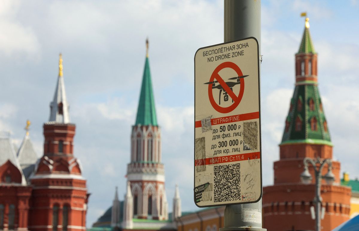 A sign prohibiting drones flying over Red Square is on display near the State Historical Museum and the Kremlin wall in central Moscow, Russia.