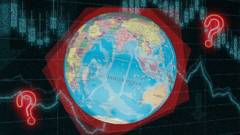 A spinning globe with a graph behind it showing ups and downs