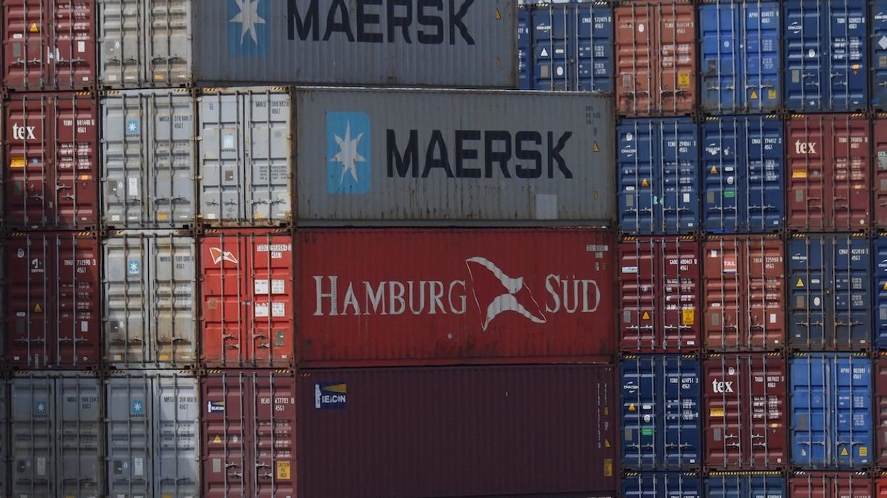 A stack of containers with Maersk and Hamburg Sud branding is seen at Britain's biggest container port Felixstowe, where workers went on strike back in 2022.