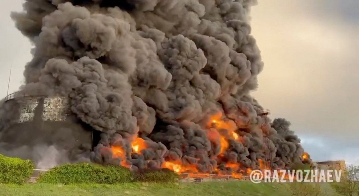 A still image from a video shows smoke rising following an alleged drone attack on an oil depot in Sevastopol, Crimea.