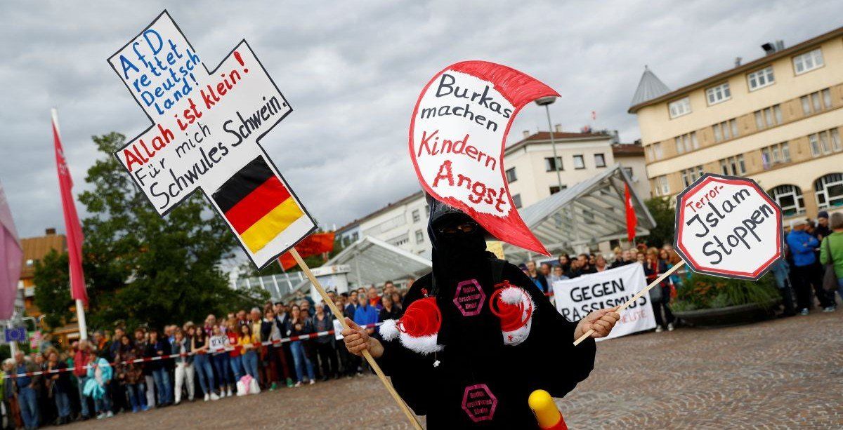 ​A supporter of Germany's far-right Alternative for Deutschland (AfD) Party is seen during a campaign rally in Pforzheim, Germany September 6, 2017. 