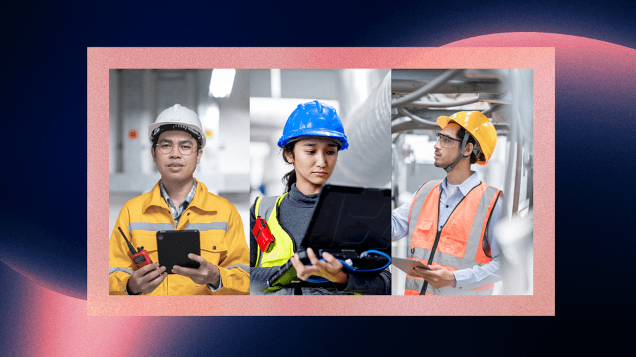 A triptych of three employees in construction vests and helmets