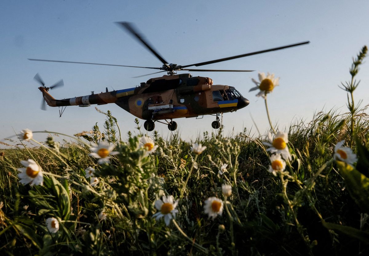 A Ukrainian military helicopter takes off to carry out a mission