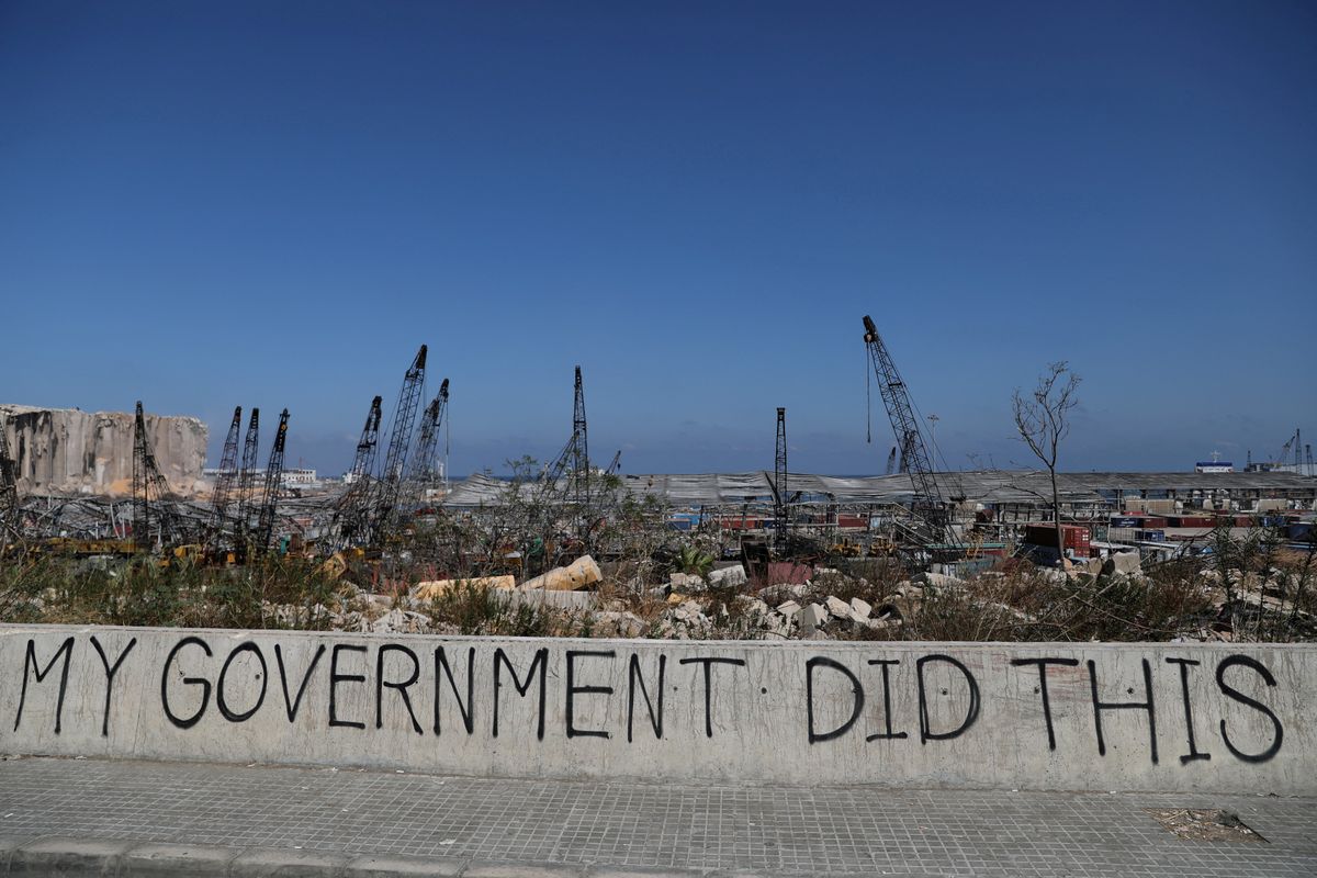 A view of graffiti at the damaged port area in the aftermath of a massive explosion in Beirut, Lebanon