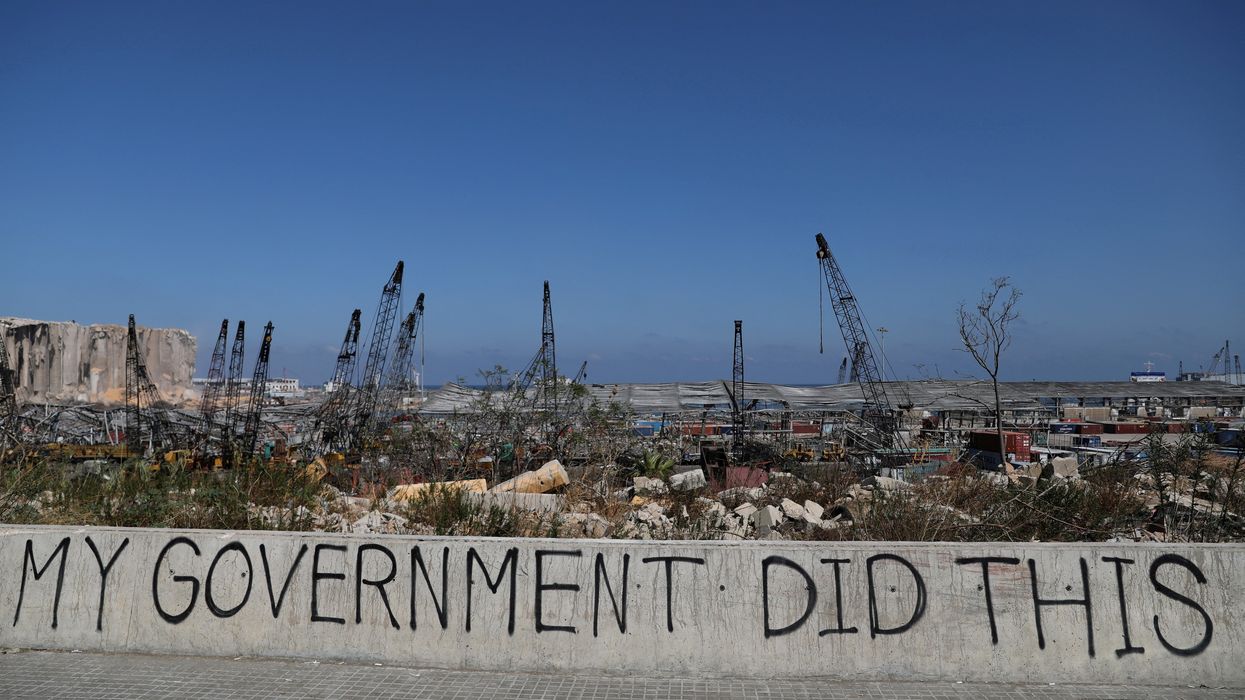 A view of graffiti at the damaged port area in the aftermath of a massive explosion in Beirut, Lebanon
