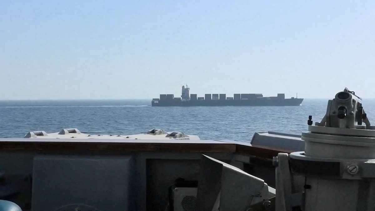 ​A view of Iranian-flagged cargo ship Touska from USS Spruance (DDG 111) in a location given as the north Arabian Sea, in this screen capture from a video released on April 19, 2026.