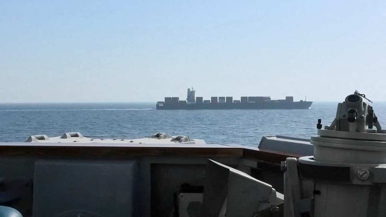 A view of Iranian-flagged cargo ship Touska from USS Spruance (DDG 111) in a location given as the north Arabian Sea, in this screen capture from a video released on April 19, 2026.