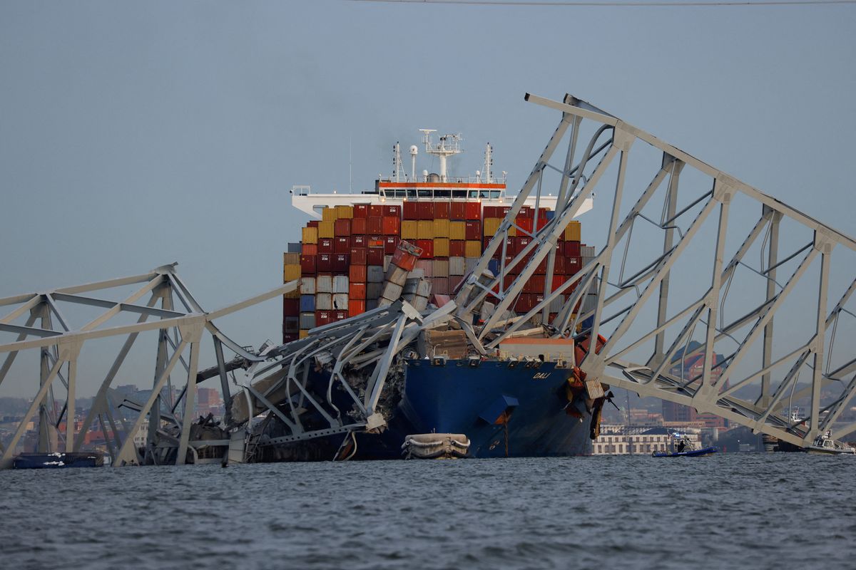 ​A view of the Dali cargo vessel which crashed into the Francis Scott Key Bridge causing it to collapse in Baltimore, Maryland, U.S., March 26, 2024. 