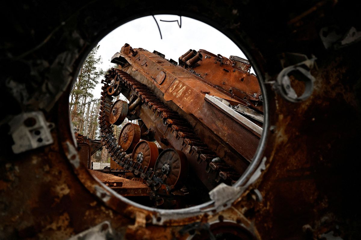 A view shows destroyed Russian tanks and armored vehicles in Lyman, recently liberated by Ukraine.