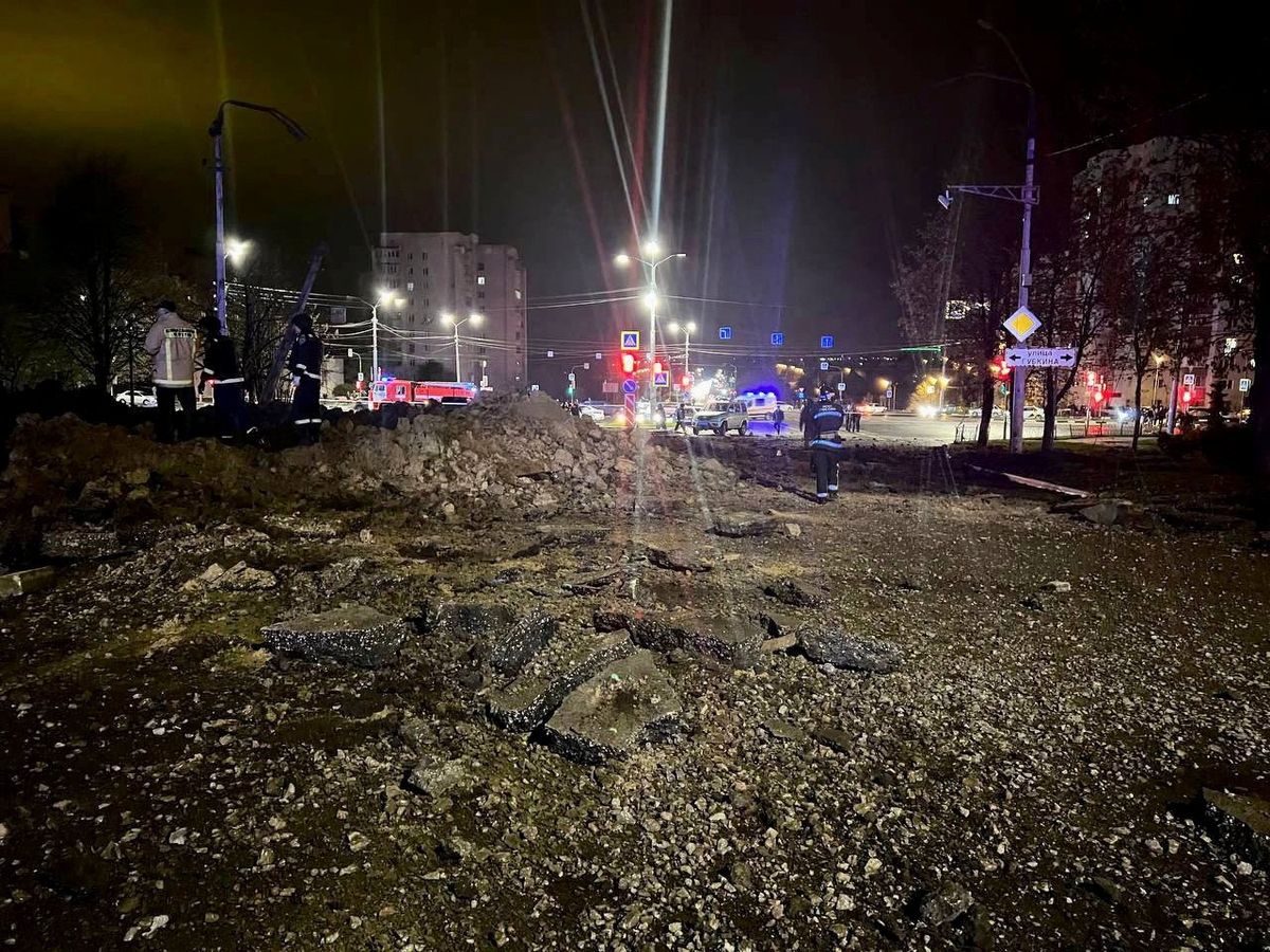 A view shows the accident scene following a large blast in a street in the city of Belgorod, Russia.
