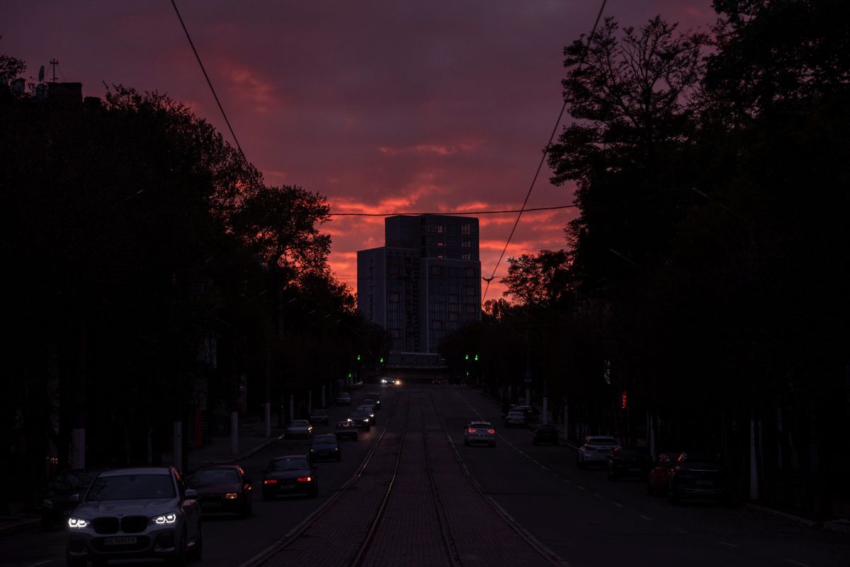 ​A view shows the city centre without electricity after critical civil infrastructure was hit by a Russian missile attacks, in Kamianske, Dnipropetrovsk region, Ukraine. 