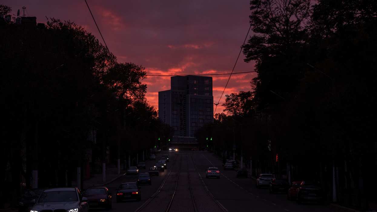 A view shows the city centre without electricity after critical civil infrastructure was hit by a Russian missile attacks, in Kamianske, Dnipropetrovsk region, Ukraine.