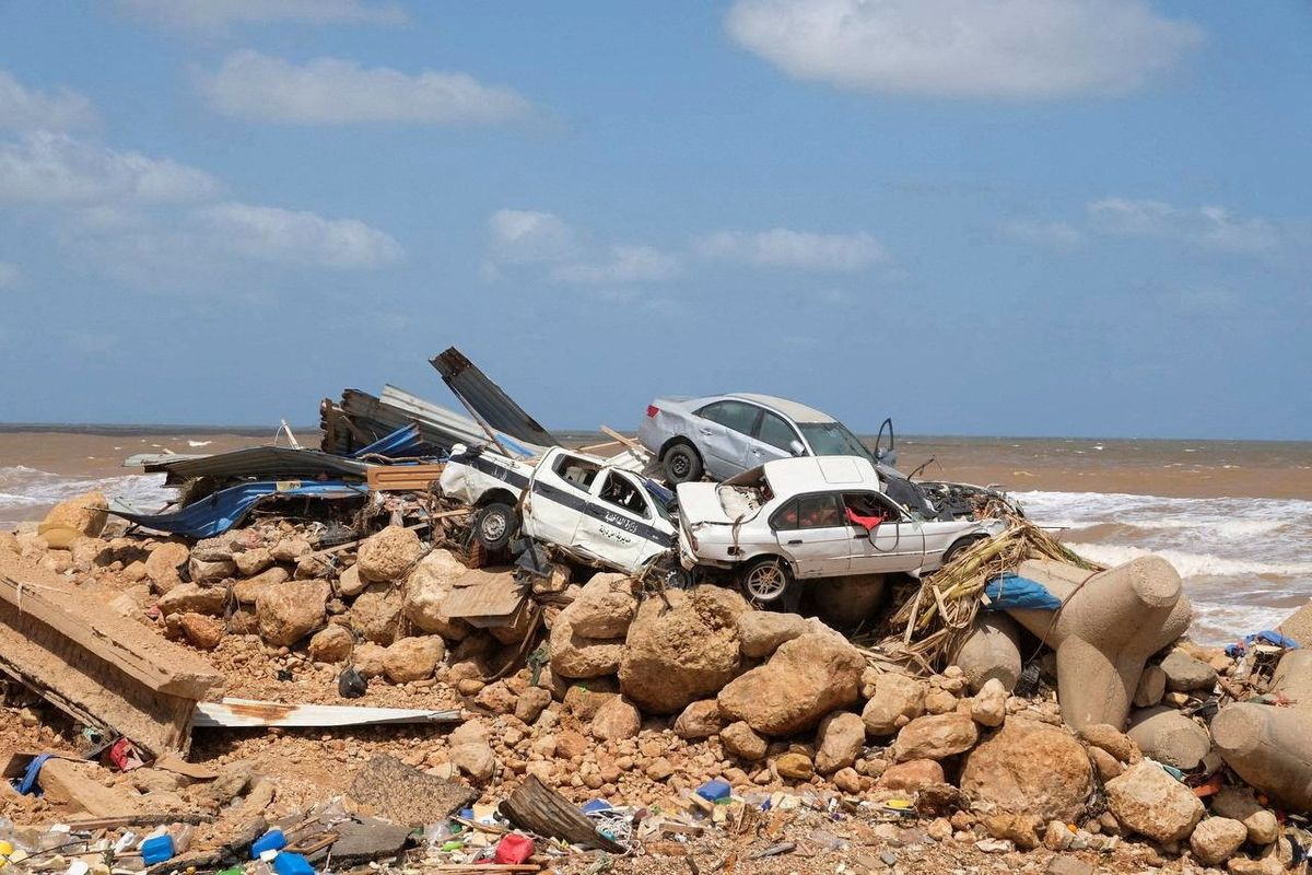 A view shows the damaged cars, after a powerful storm and heavy rainfall hit Libya.