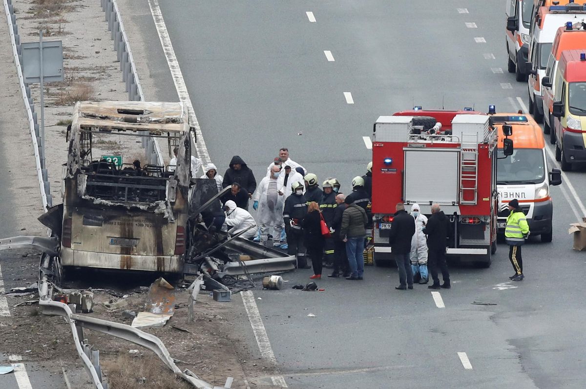 A view shows the site where a bus with North Macedonian plates caught fire on a highway, near the village of Bosnek, Bulgaria, November 23, 2021. 