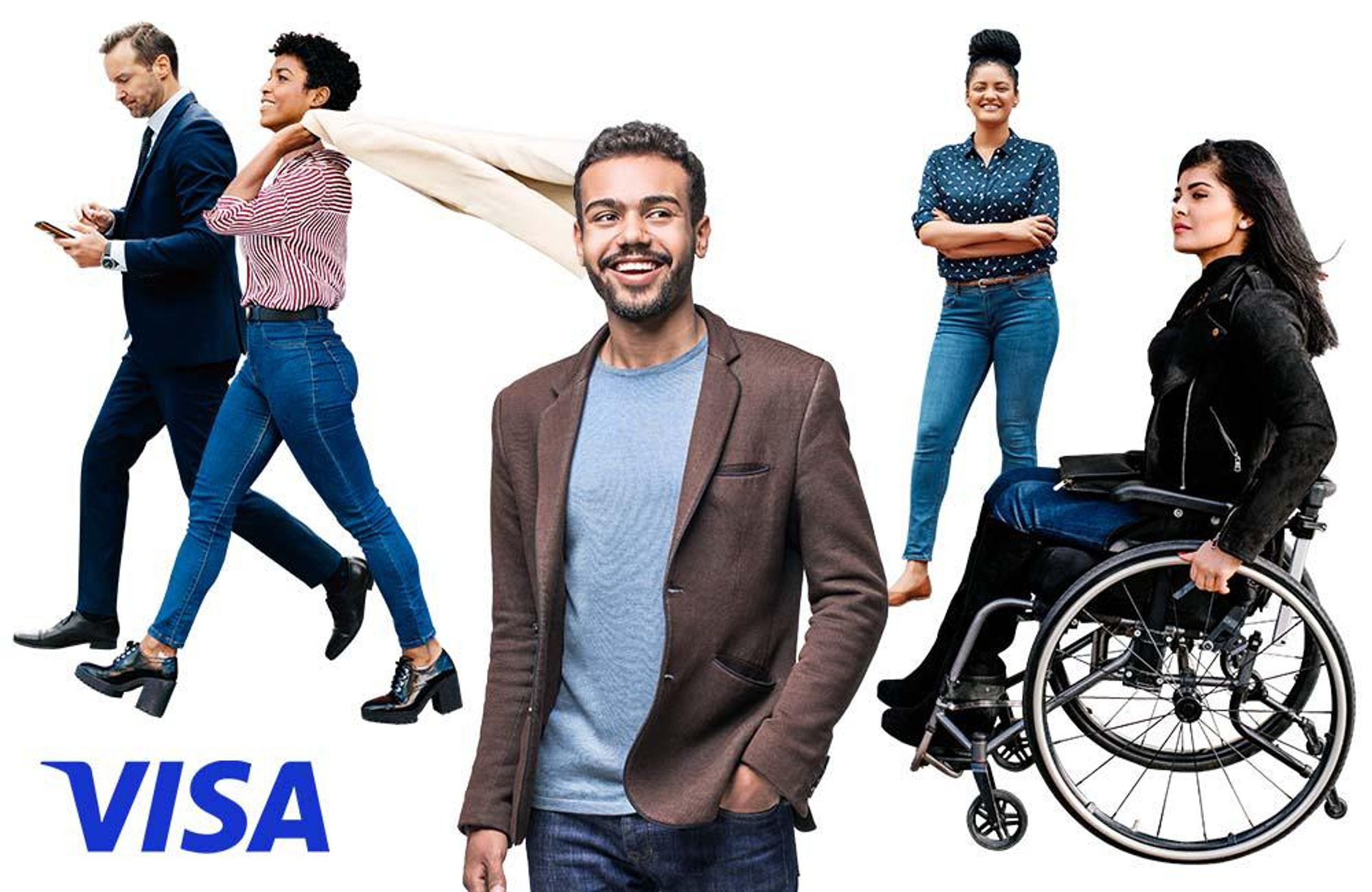 A visa ad with a small, diverse group of people, mostly smiling