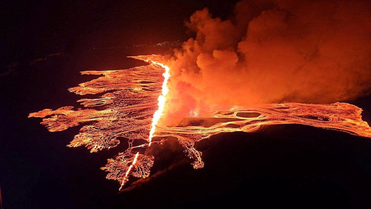 ​A volcanic eruption takes place, near Grindavik, Iceland, March 16, 2024, in this handout picture obtained by Reuters. 