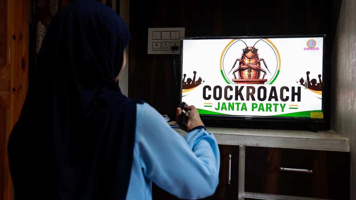 A young girl overlooking the logo of the Cockroach Janata Party on a television