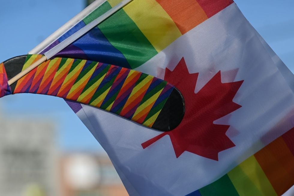 ​Activists rallied against Premier Danielle Smith's proposed LGBTQ2S+ regulations and legislation that impacts transgender and non-binary youth, on Feb. 03, 2024, in Edmonton, Alberta, Canada. 