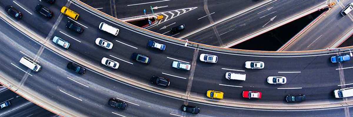 Aerial shot of cars on a bridge