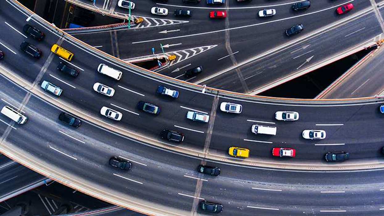 Aerial shot of cars on a bridge