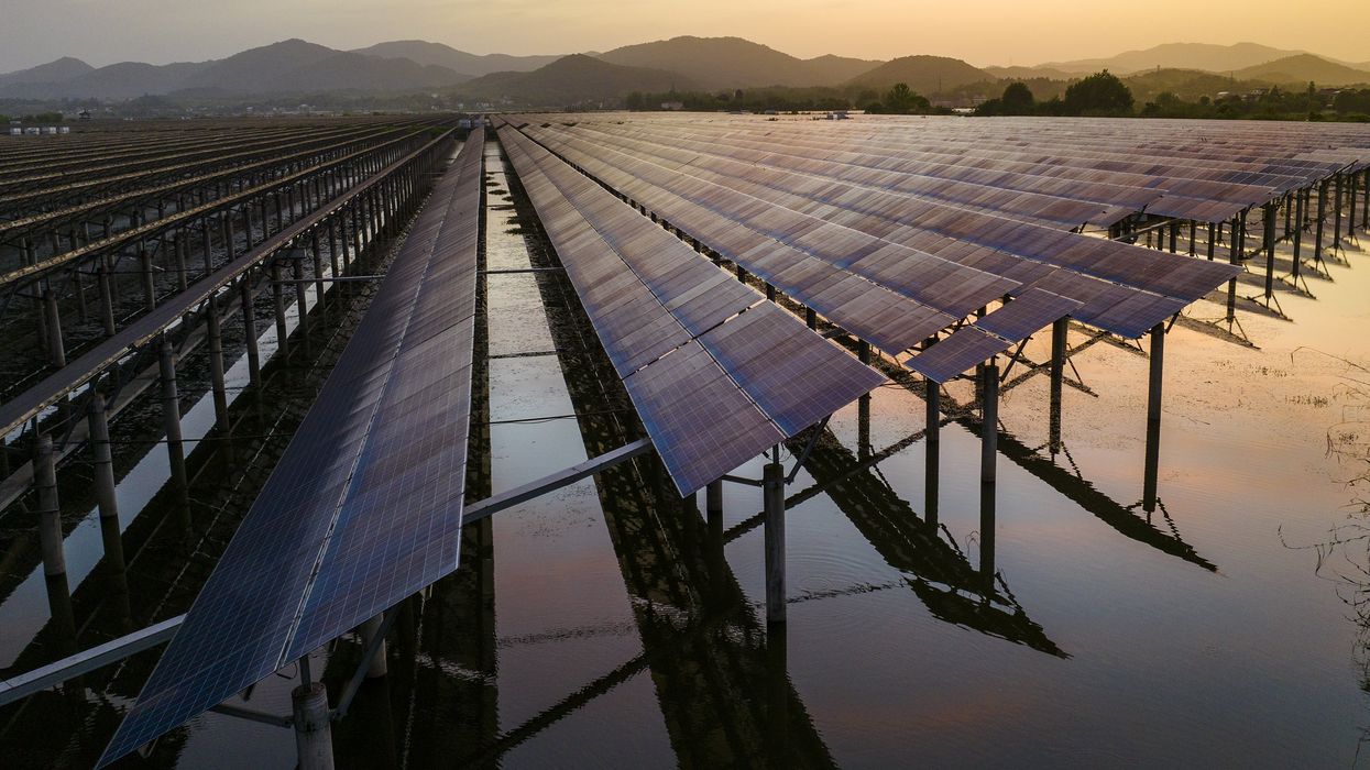 Aerial view of solar panels .